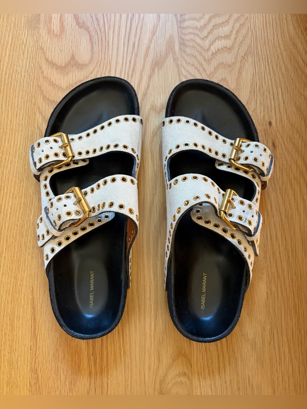 Isabel Marant Lennyo Off-White + Gold Double-Buckle Studded Slide Sandals 38 / 7
